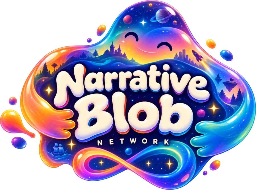 The Narrative Blob logo: a glossy, iridescent blob character with closed smiling eyes, its interior filled with a starry sky, a city skyline, mountains, a sailboat and a rocket, over the words “Narrative Blob NETWORK”.