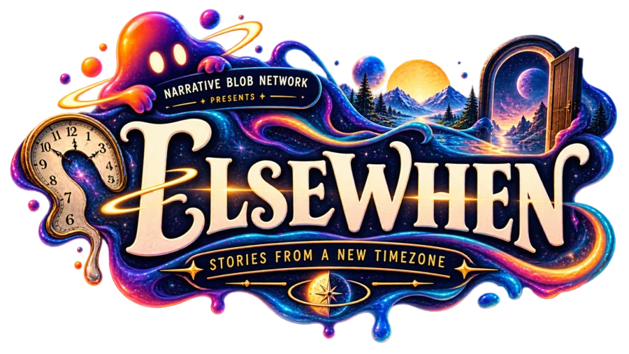An “ELSEWHEN — Stories from a new timezone” title card with a cosmic blob creature, a melting clock, mountains, a planetary ring and a glowing doorway.