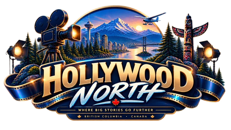 A “HOLLYWOOD NORTH — Where big stories go further, British Columbia • Canada” title card with a film camera, totem pole, mountains, a city skyline, a bridge and a seaplane.