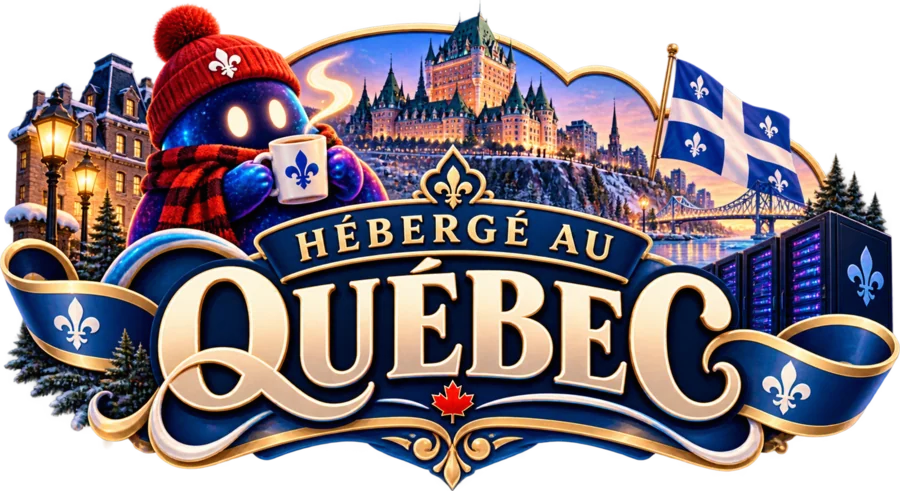 A French-language title card reading “HÉBERGÉ AU QUÉBEC”, with a character in winter clothing beside the Château Frontenac and server racks.